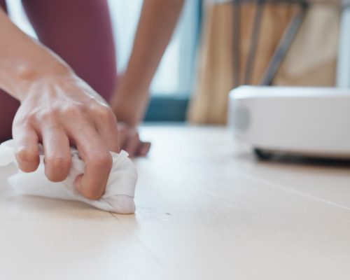 Woman clean a floor with tissue at home